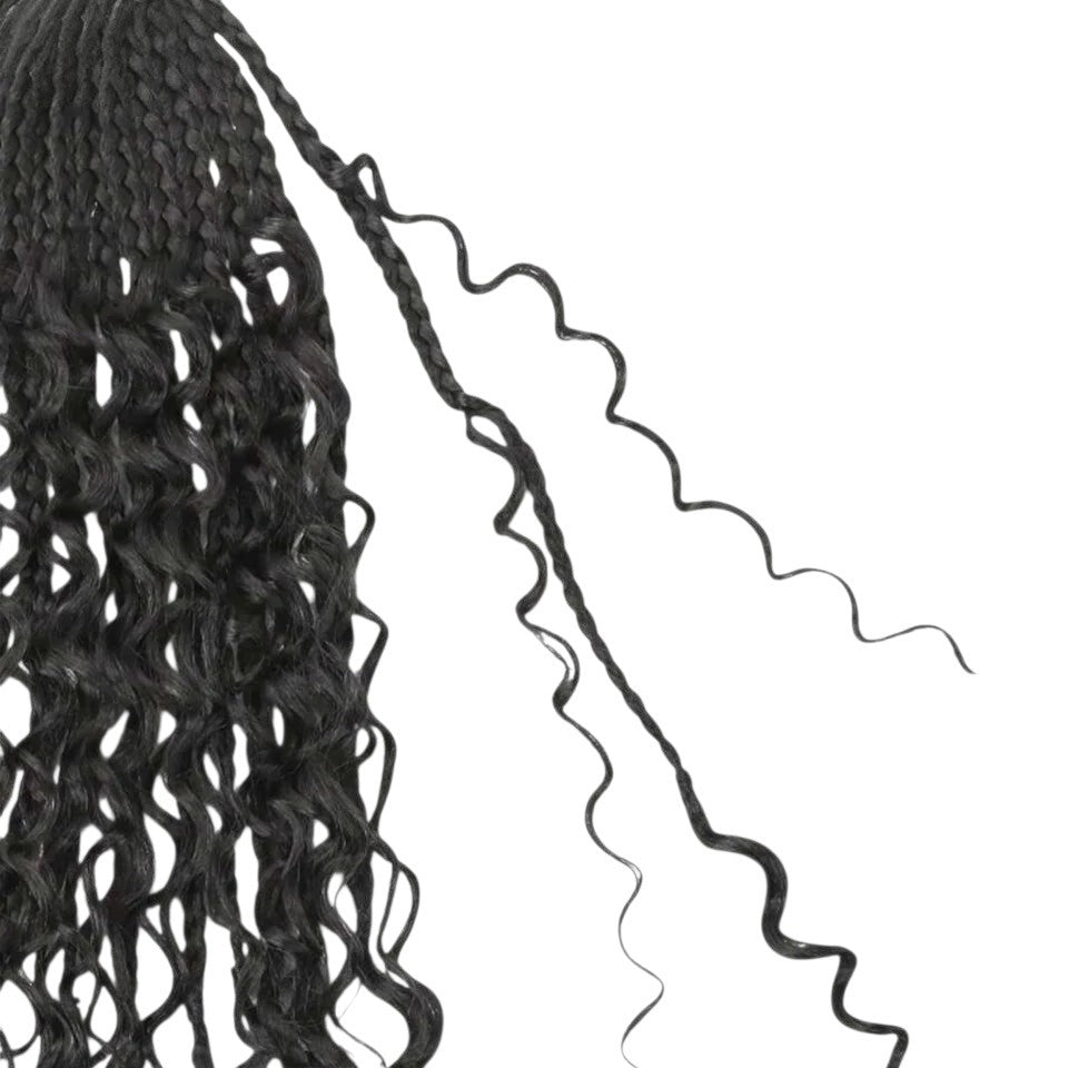RitzWigs black crochet boho box braids with curly human hair extensions featuring pre-looped ends for easy styling.