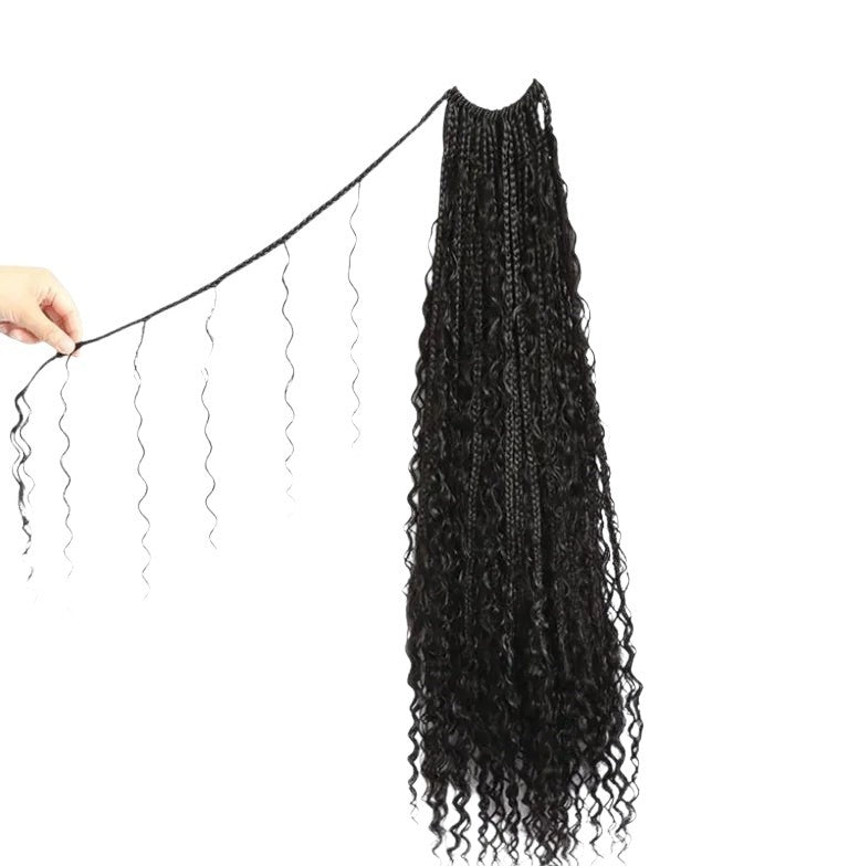 RitzWigs black crochet boho box braids with curly human hair extensions and pre-looped ends for easy installation