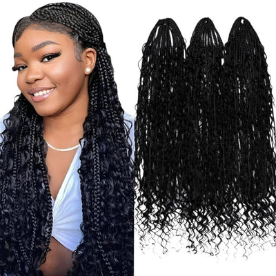 RitzWigs black crochet boho box braids with curly human hair extensions on a smiling woman