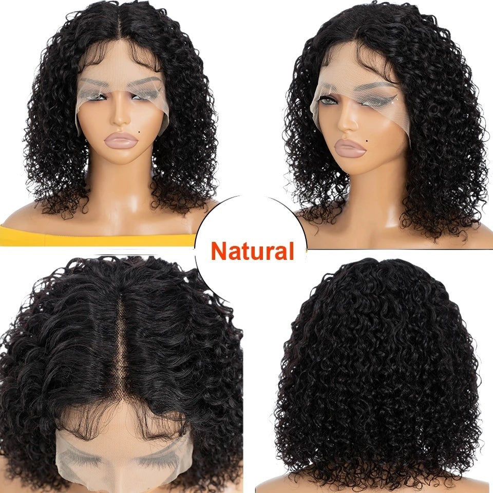 RitzWigs natural black deep curly bob human hair wig with transparent 13x1 T-part lace front on a mannequin head
