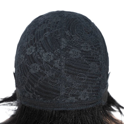 RitzWigs black machine-made glueless wig cap interior showing lace construction and adjustable straps