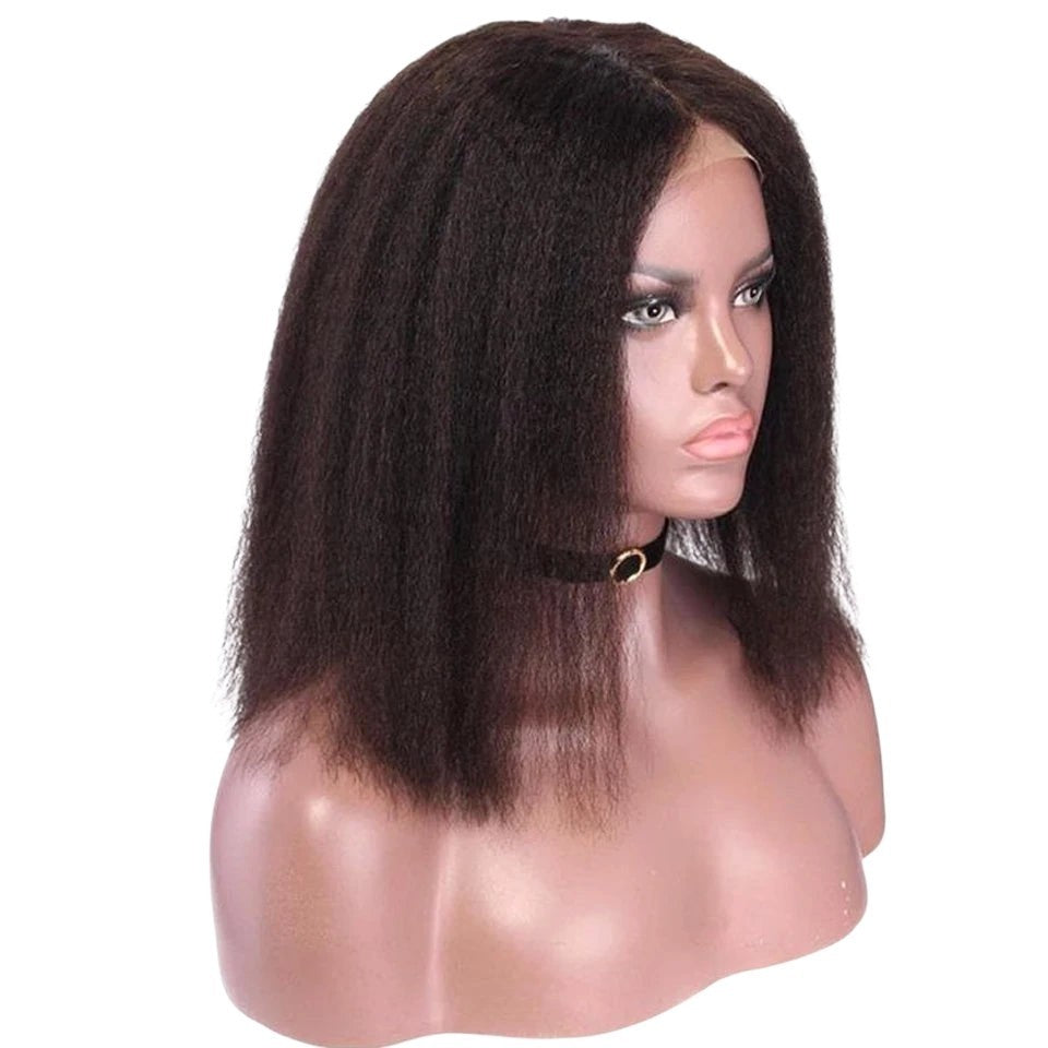 RitzWigs black kinky straight bob wig on a mannequin head with a natural middle part and transparent lace front.