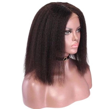 RitzWigs black kinky straight bob wig on a mannequin head with a natural middle part and transparent lace front.