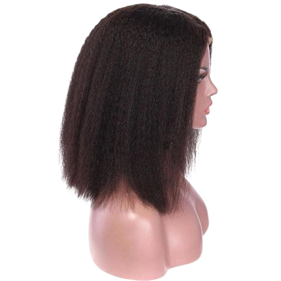 RitzWigs natural black kinky straight human hair bob wig on a mannequin head, featuring a pre-plucked lace front.