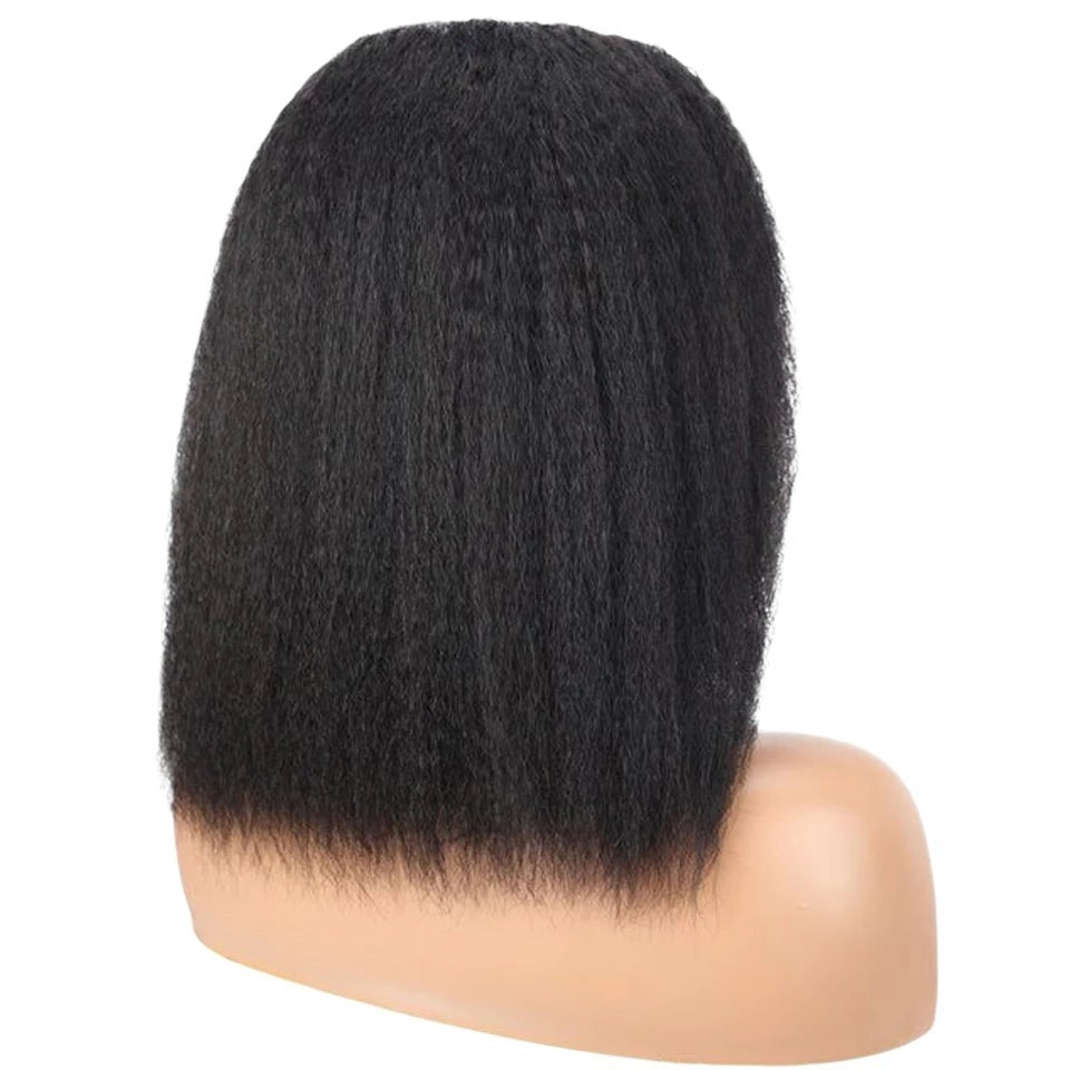 RitzWigs black kinky straight bob wig on a mannequin head showing natural human hair texture and middle part