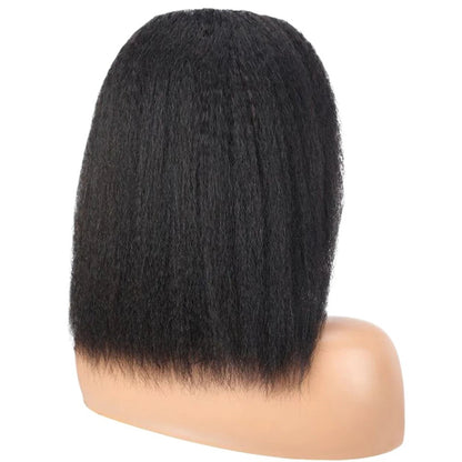 RitzWigs black kinky straight bob wig on a mannequin head showing natural human hair texture and middle part