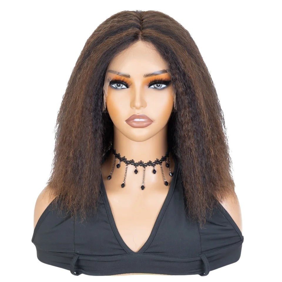 RitzWigs black kinky straight human hair bob wig with a middle part and transparent lace front on a mannequin head