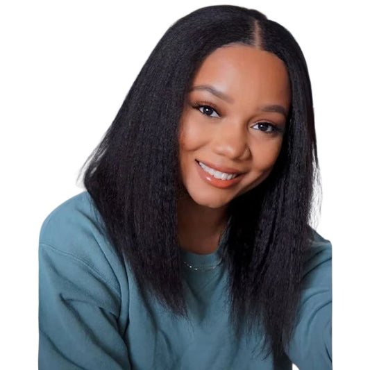 A smiling woman wearing a RitzWigs black kinky straight bob human hair lace front wig with a natural middle part.