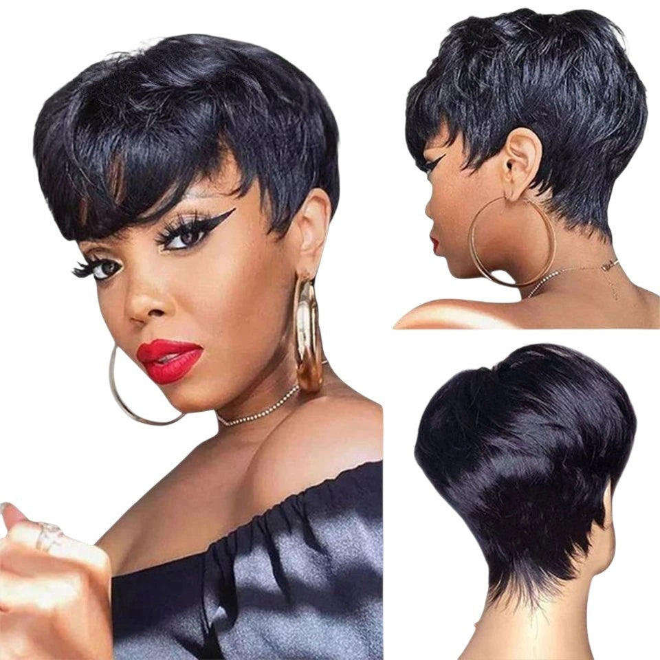 RitzWigs black pixie cut human hair bob wig with bangs on a model, shown from front, side, and back views.