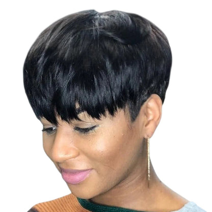 RitzWigs natural black Brazilian human hair pixie cut wig with bangs on a woman