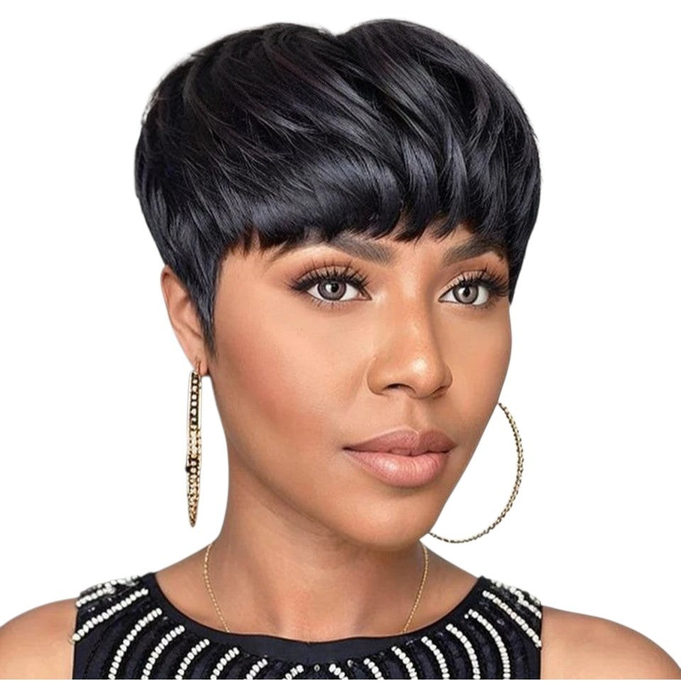 RitzWigs natural black Brazilian human hair pixie cut wig with bangs on a model