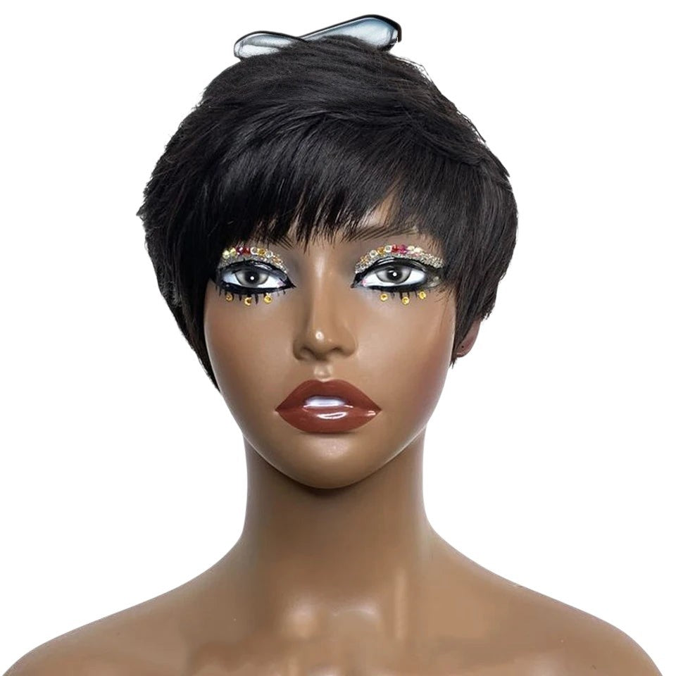 RitzWigs natural black Brazilian human hair pixie cut wig with bangs on a mannequin head