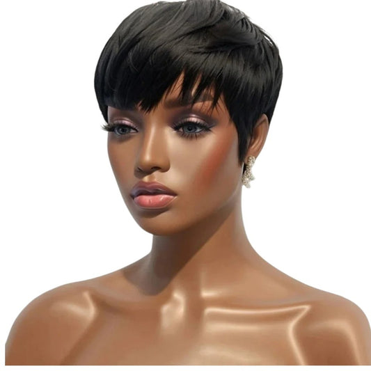 RitzWigs natural black pixie cut human hair wig with bangs on a mannequin head