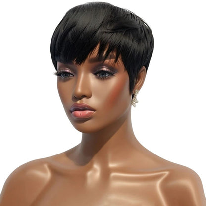 RitzWigs natural black Brazilian human hair pixie wig with bangs on a mannequin head