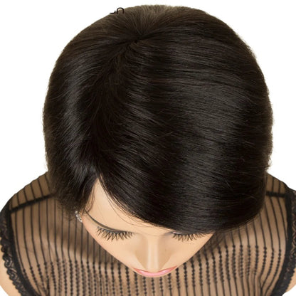 RitzWigs natural black short straight pixie cut bob wig on a mannequin head with a side part