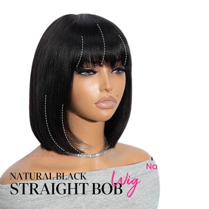 RitzWigs natural black straight bob human hair wig with bangs on a mannequin head, 10-inch length.