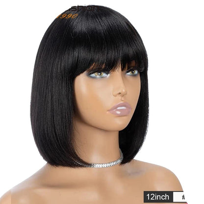 RitzWigs black straight human hair bob wig with bangs on a mannequin head, 12-inch length, 180D density.