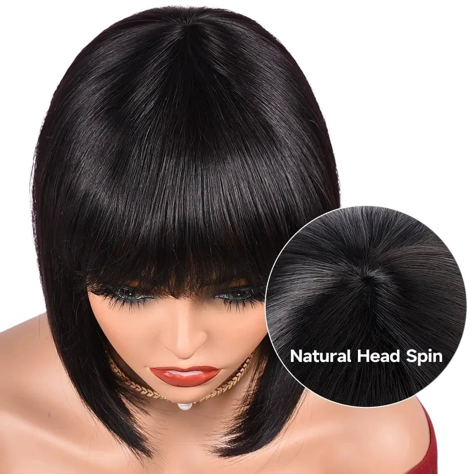 RitzWigs short black straight bob human hair wig with bangs and a natural-looking middle part on a mannequin head
