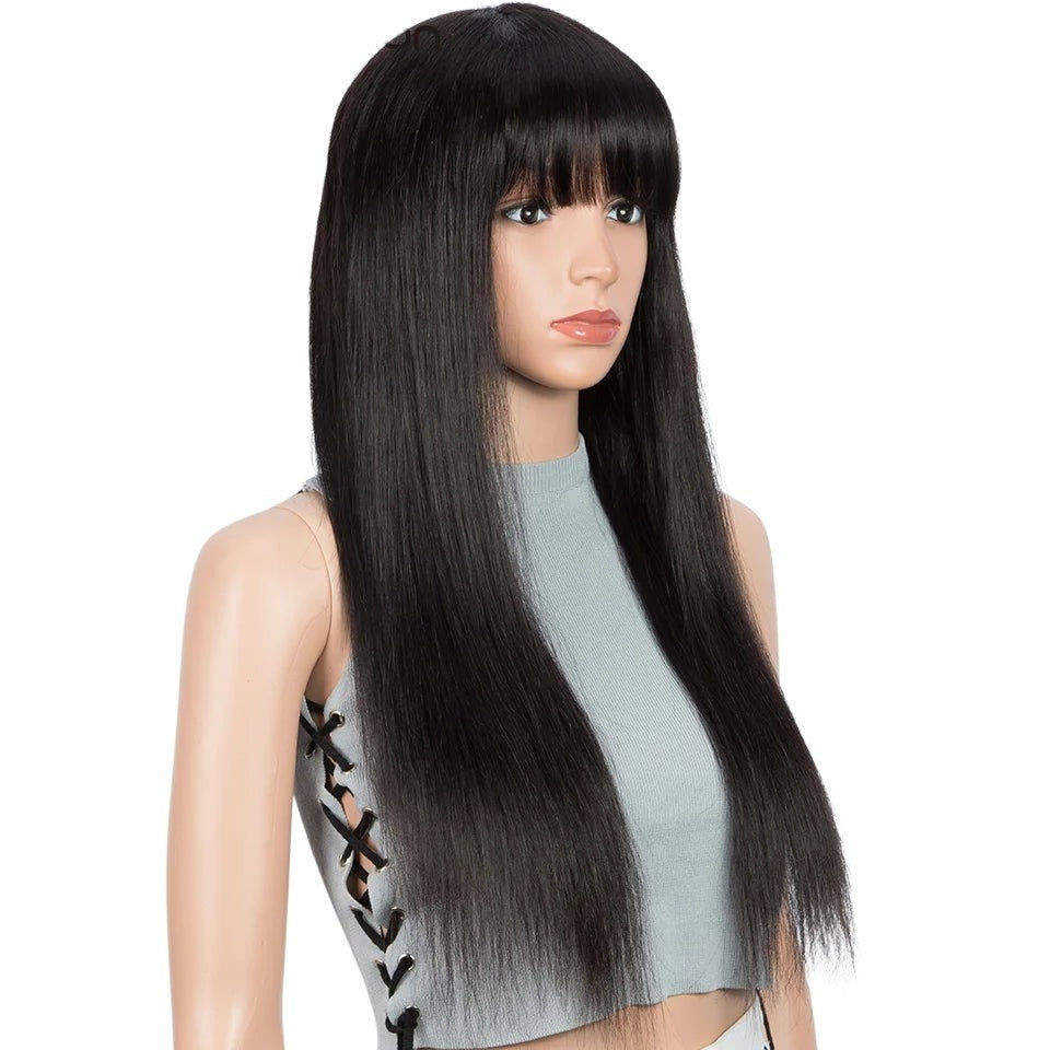 RitzWigs natural black straight human hair wig with bangs on a mannequin, featuring 100% Remy Brazilian hair.