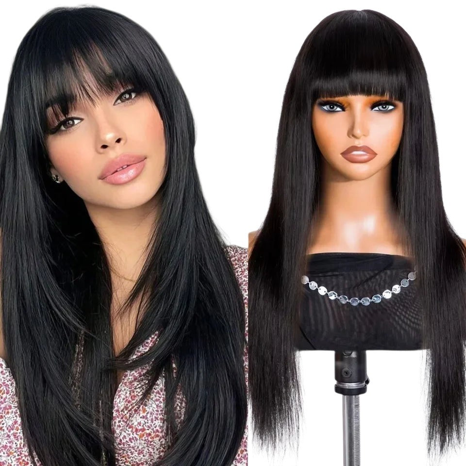 RitzWigs natural black straight human hair wig with bangs on a model and a mannequin head for a realistic look.