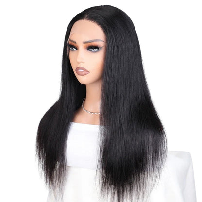 RitzWigs natural black bone straight human hair lace front wig with transparent lace on a mannequin head