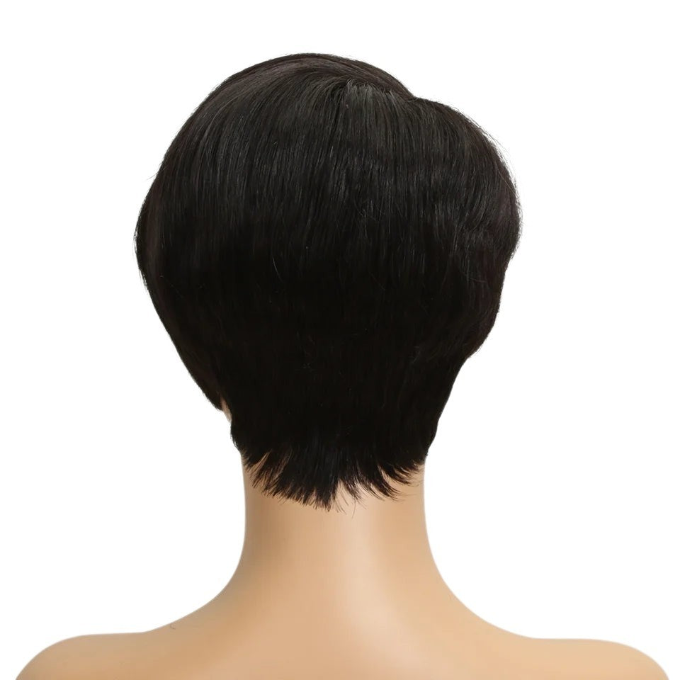 RitzWigs black straight pixie cut human hair wig viewed from the back on a mannequin head