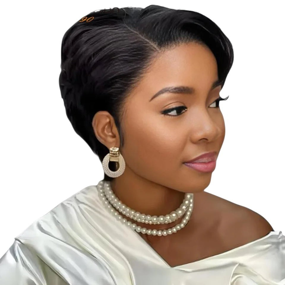 RitzWigs black human hair pixie cut wig with straight texture and side part on a model wearing pearls