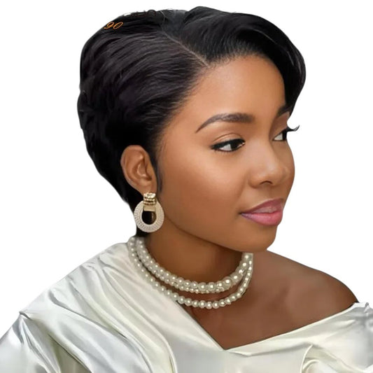 RitzWigs black human hair pixie cut wig with straight texture and side part on a model wearing pearls