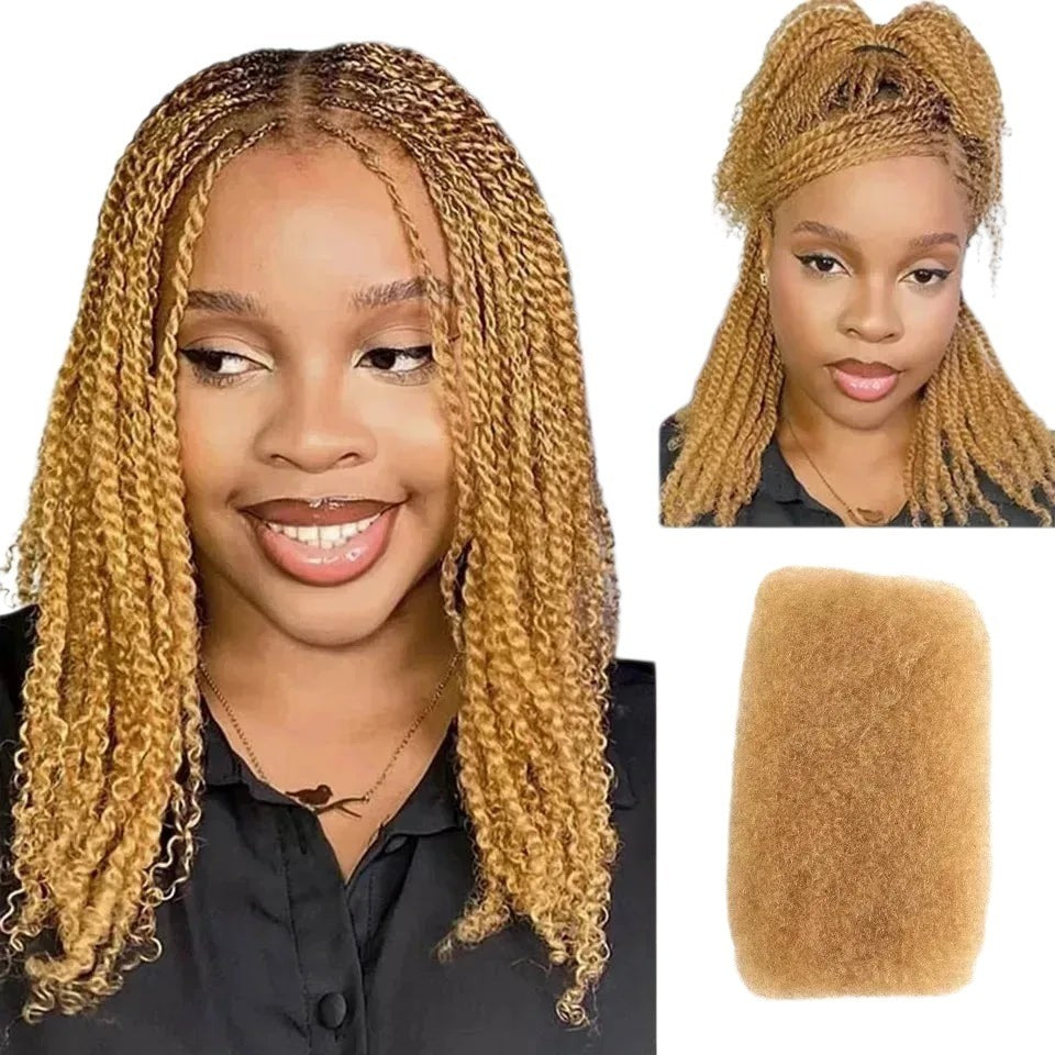 RitzWigs blonde afro kinky human hair bulk used for mini twists and loc extensions on a smiling model