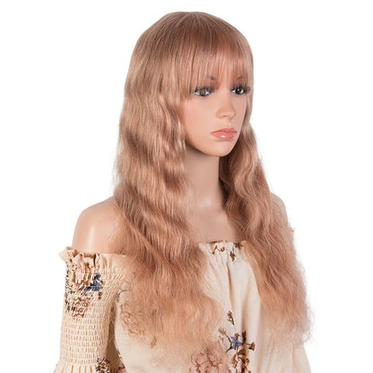 RitzWigs blonde body wave human hair wig with bangs on a mannequin, featuring long wavy Peruvian Remy hair.