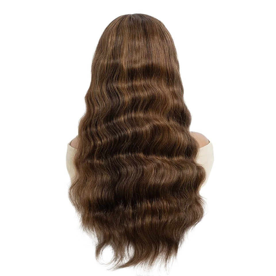 RitzWigs blonde and brown highlighted Brazilian human hair body wave wig shown from the back on a mannequin head