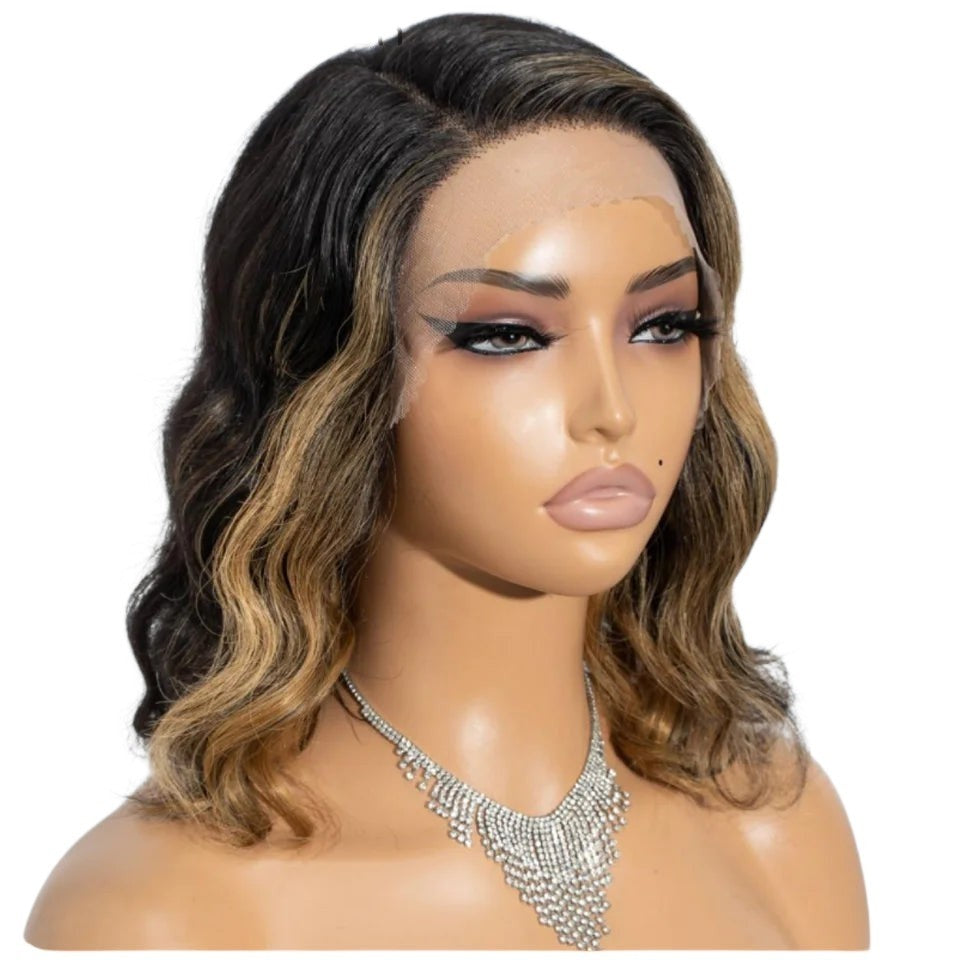 RitzWigs blonde highlight skunk stripe body wave bob lace front wig on a mannequin head