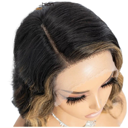 RitzWigs short body wave bob wig with blonde skunk stripe highlights and transparent lace front on a mannequin head