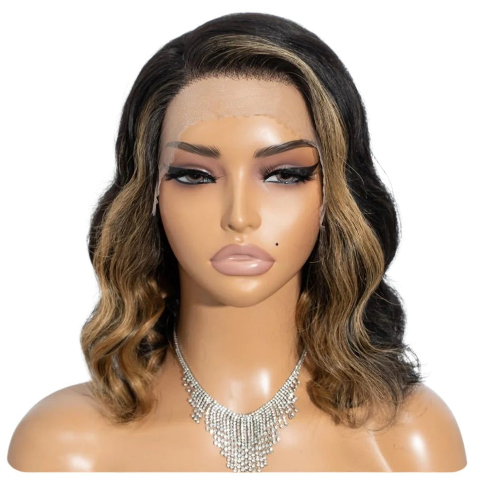 RitzWigs short bob lace front wig with blonde skunk stripe highlights on wavy Brazilian human hair