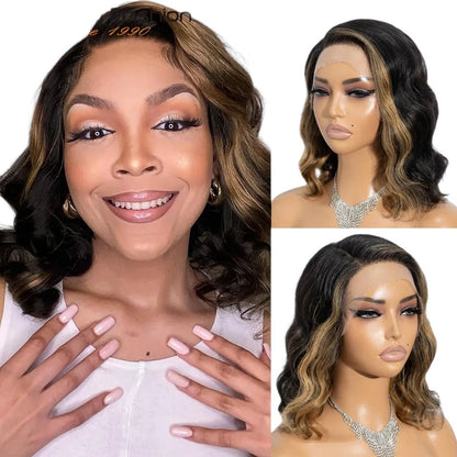 RitzWigs short body wave bob wig with blonde skunk stripe highlights on dark hair worn by a smiling model