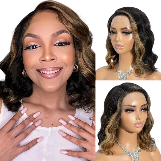 RitzWigs short body wave bob wig with blonde skunk stripe highlights on a smiling model and mannequin head
