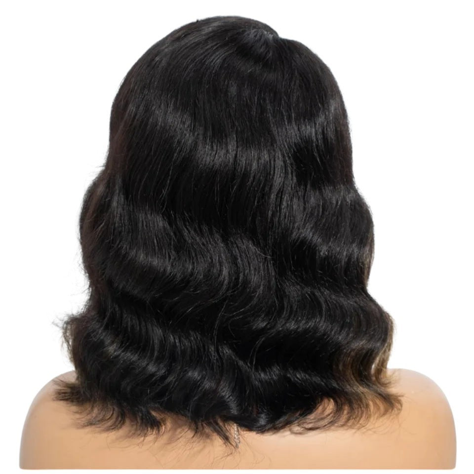 RitzWigs short body wave bob wig with dark hair and blonde skunk stripe highlights on a mannequin head