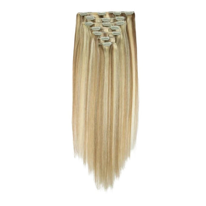 RitzWigs straight human hair clip-in extensions in P8/613 blonde highlights, 7-piece double weft set