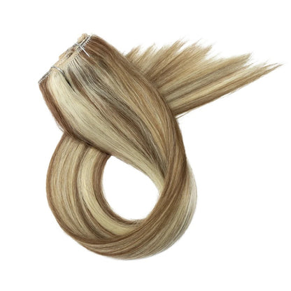 RitzWigs straight blonde human hair clip-in extensions with double weft in a highlighted P6/613 colour blend