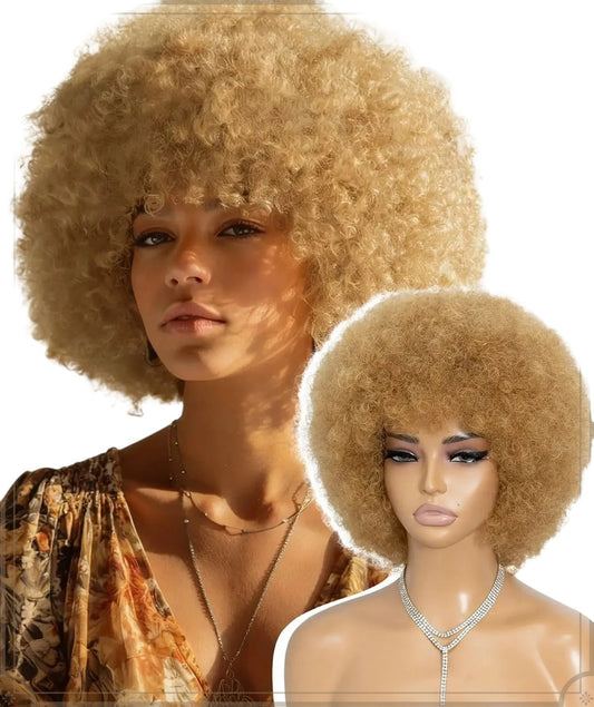 RitzWigs blonde kinky curly afro human hair bob wig with bangs worn by a model and displayed on a mannequin head.