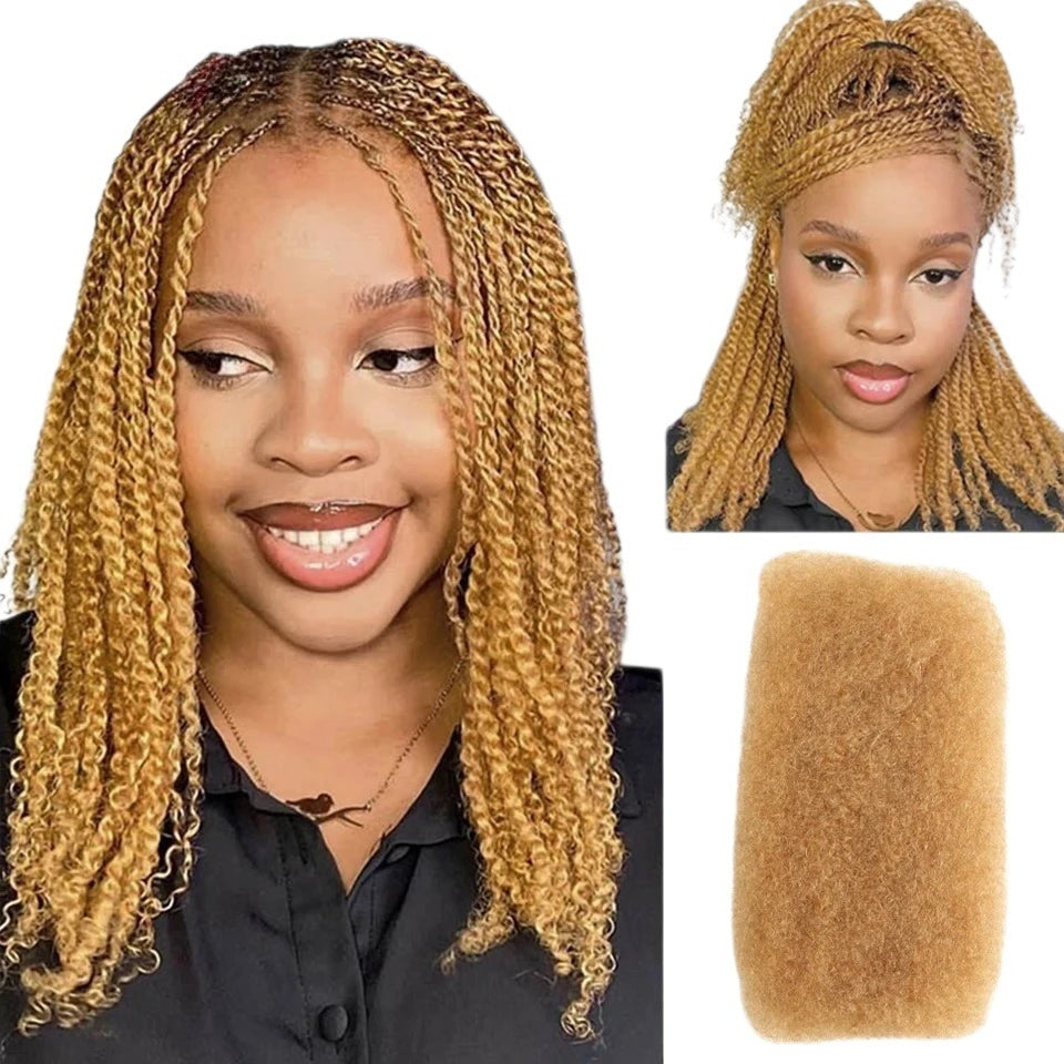 RitzWigs blonde kinky curly human hair extensions for braiding, shown on a model with twisted hairstyles.
