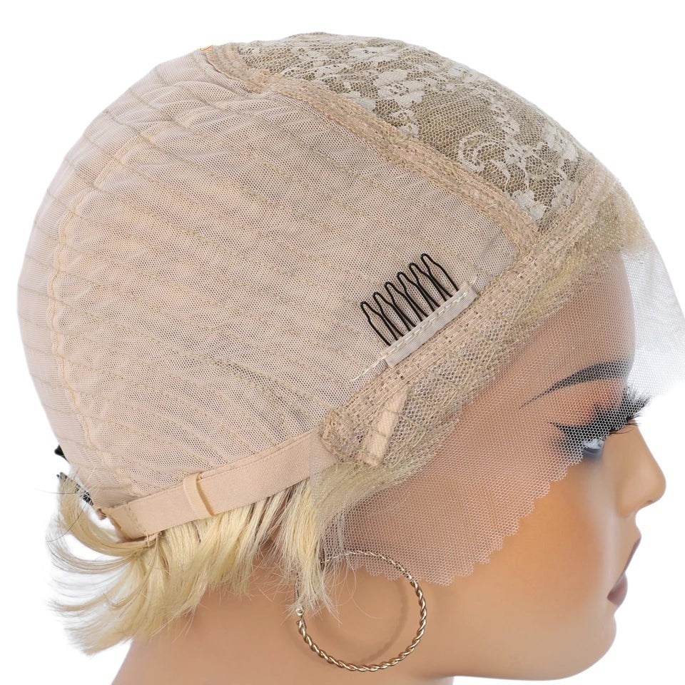 RitzWigs blonde human hair lace front wig cap construction showing Swiss lace and interior clips on a mannequin head