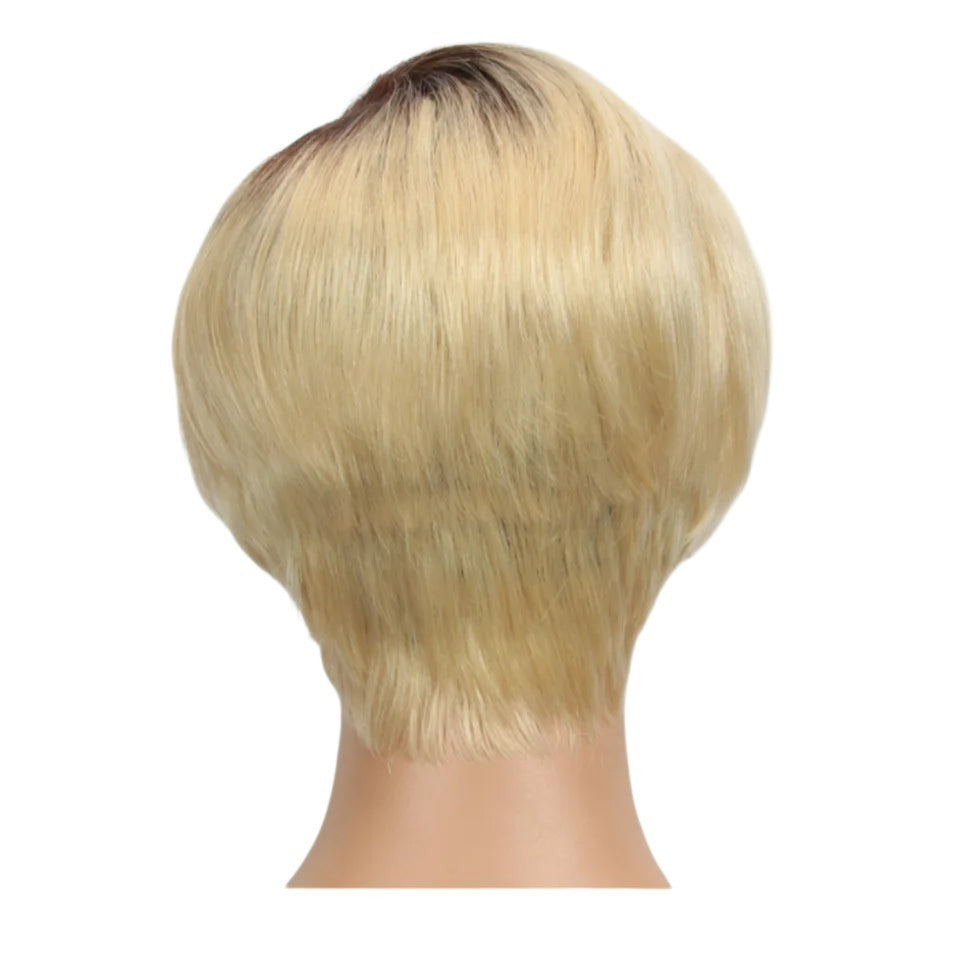 RitzWigs short blonde ombre pixie cut human hair wig with straight texture on a mannequin head