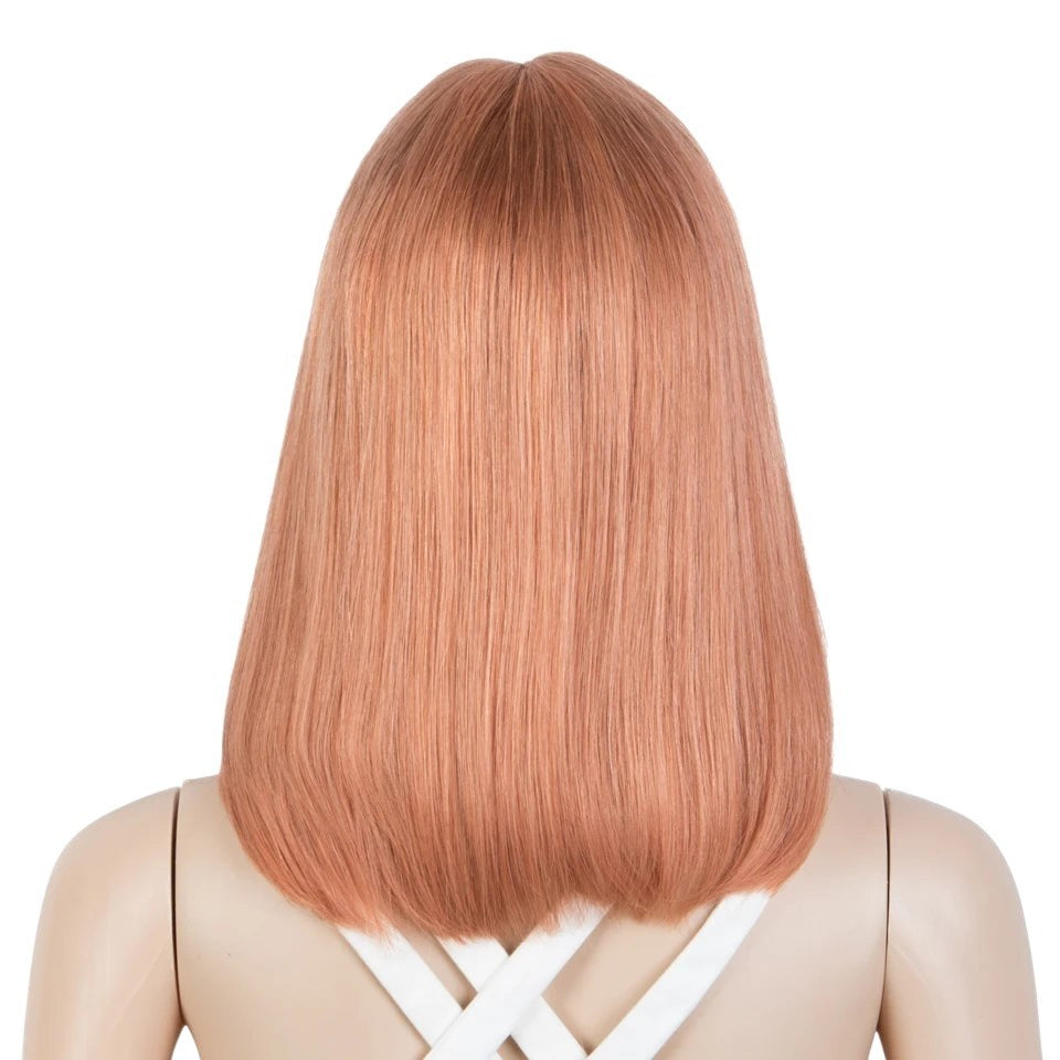RitzWigs blonde ombre straight bob human hair wig on a mannequin, back view showing smooth texture and shoulder length.