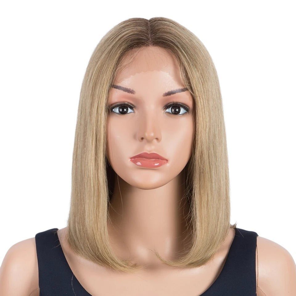 RitzWigs blonde ombre straight bob human hair wig with a 13x5x1 transparent lace front on a mannequin head.