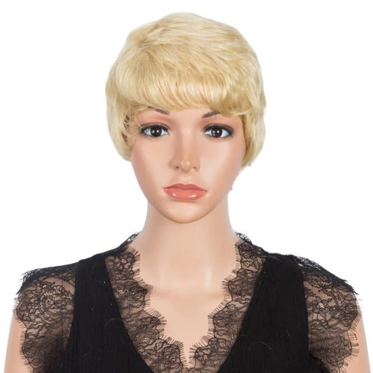 RitzWigs 613 blonde short pixie cut bob wig made of Brazilian Remy human hair on a mannequin