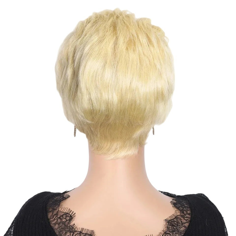 RitzWigs blonde short pixie cut human hair wig viewed from the back on a mannequin