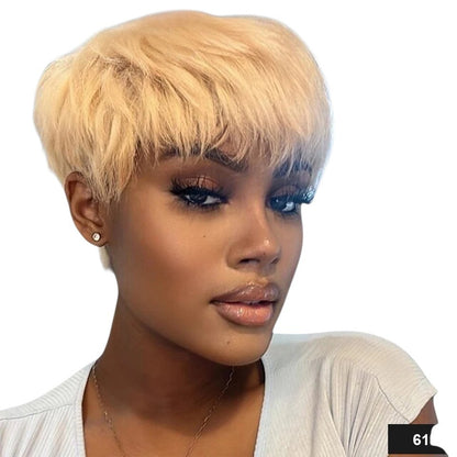 RitzWigs blonde pixie cut human hair wig with bangs worn by a model with a short straight layered style