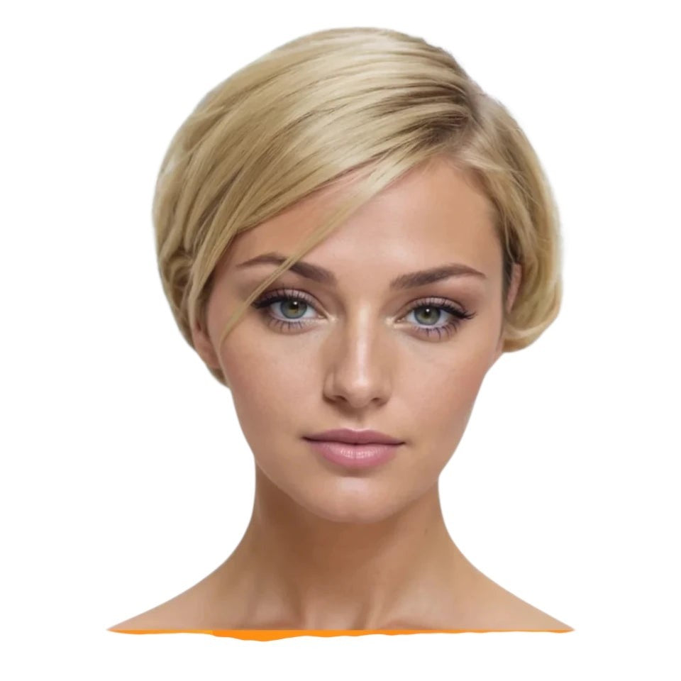 RitzWigs short blonde pixie cut straight human hair wig with side-swept bangs on a model