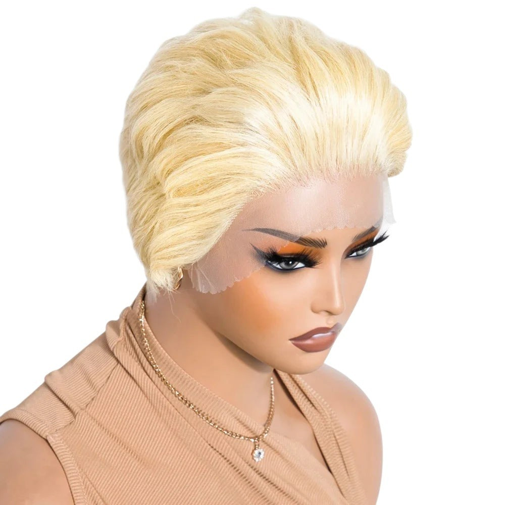 RitzWigs 613 blonde short pixie cut human hair lace front wig with a slicked back style on a mannequin head